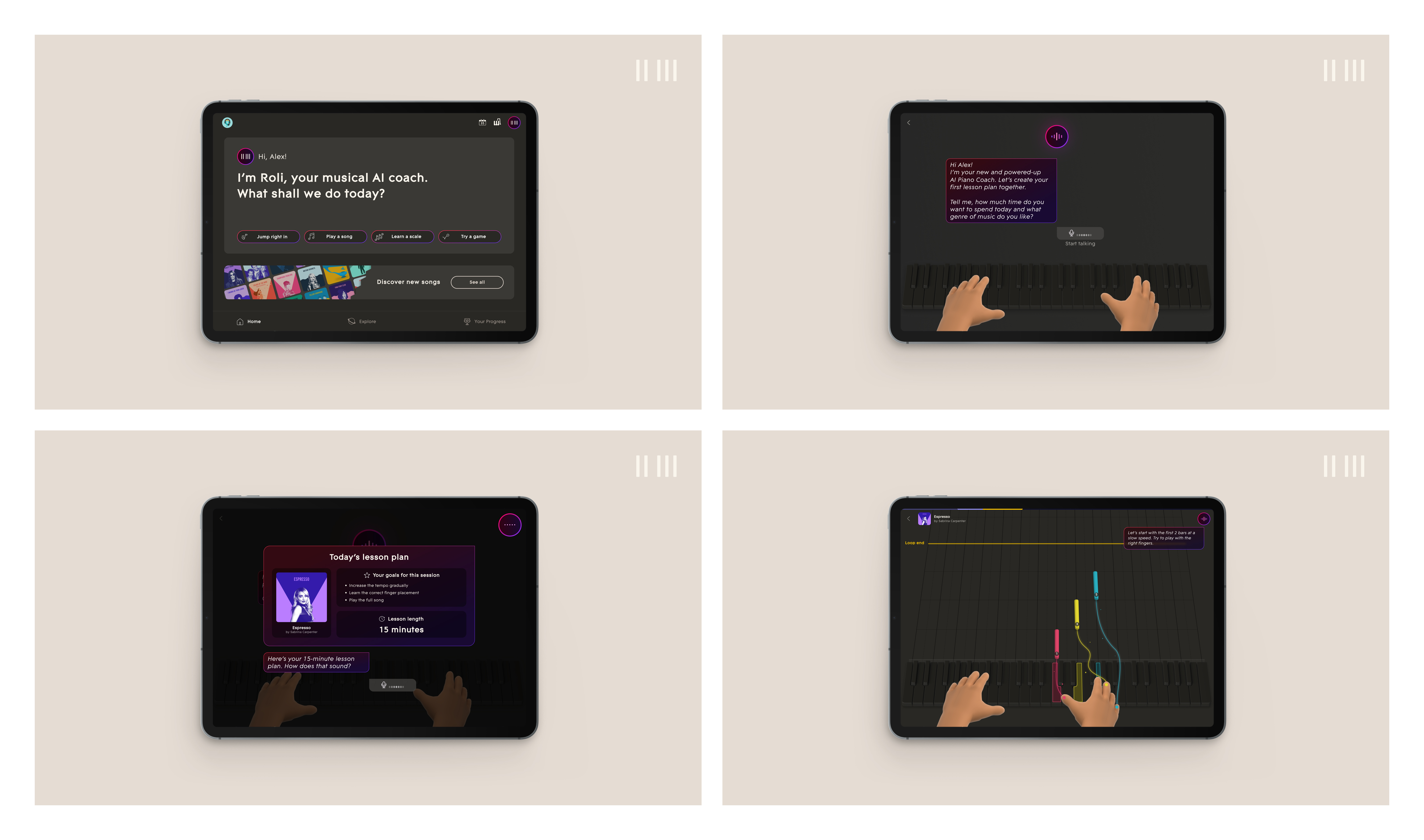 Four screenshots of a tablet displaying the ROLI Learn app, showing a virtual piano lesson interface with animated hands playing a digital keyboard and interactive lesson instructions on the screen.