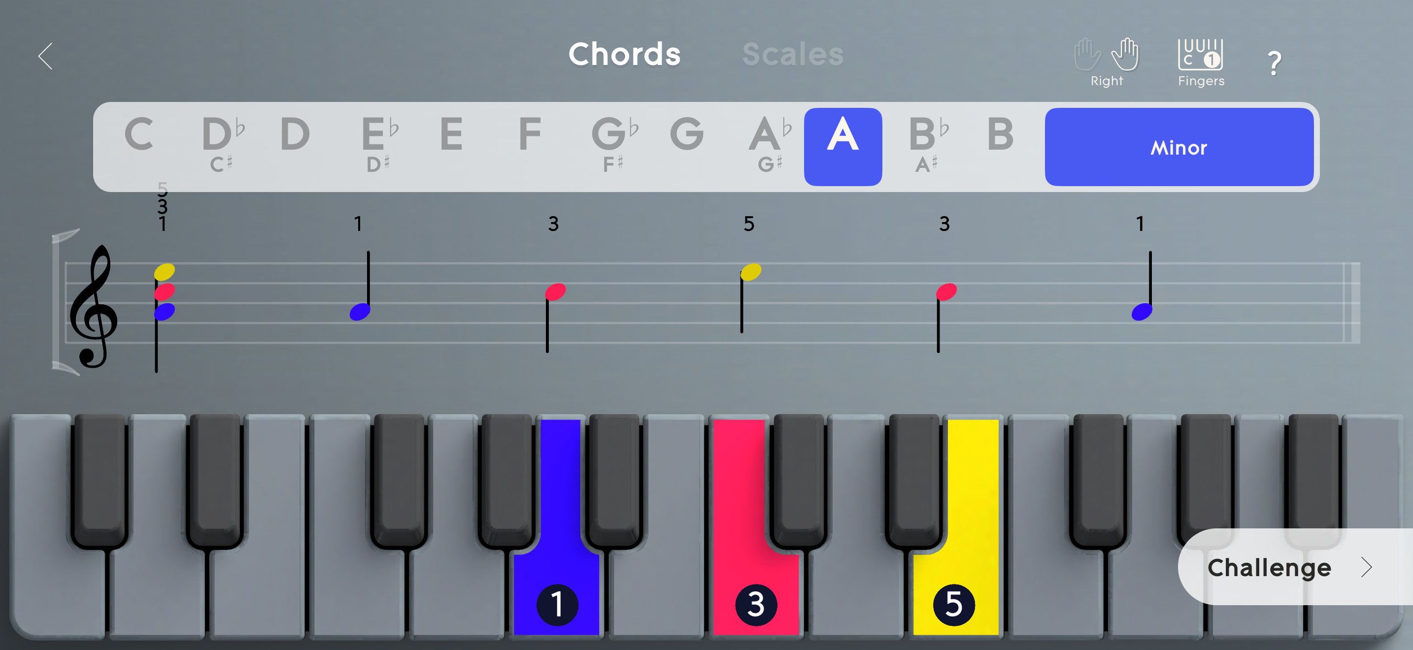 A digital interface showing a virtual piano keyboard with highlighted keys in blue, red, and yellow, corresponding to notes and finger numbers for playing an A minor chord, with musical notation and chord selection options displayed above.