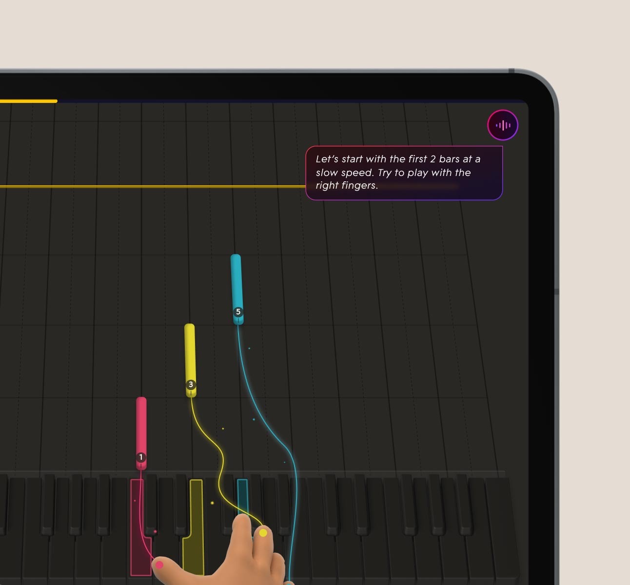 A tablet screen displaying the ROLI Learn app, showing a virtual keyboard with colored finger guides and a hand following the instructions to play the first two bars at a slow speed.