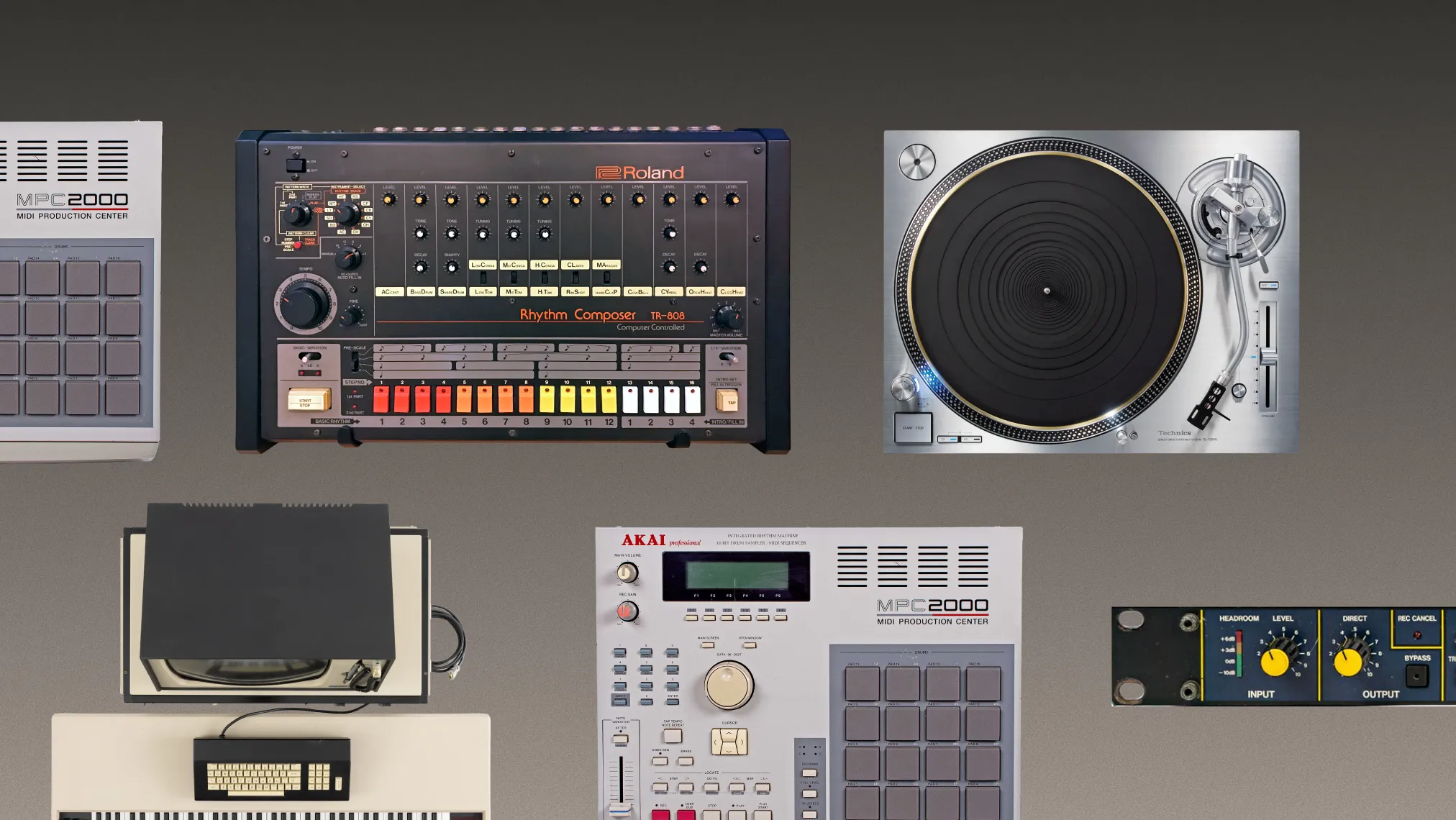 A collage of classic music production equipment including a Roland TR-808 drum machine, a Technics turntable, an Akai MPC2000 MIDI production center, a vintage computer keyboard, and an audio interface panel, all displayed on a neutral background.