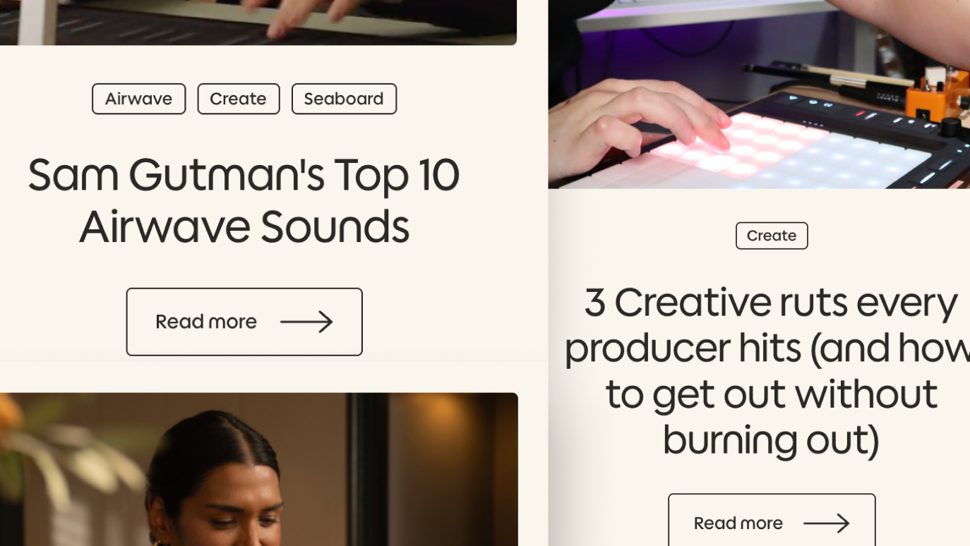 A person’s hands playing a ROLI Seaboard and another person’s hands interacting with a ROLI Lightpad, both on desks in a studio setting, with text about Airwave sounds and creative tips for producers.