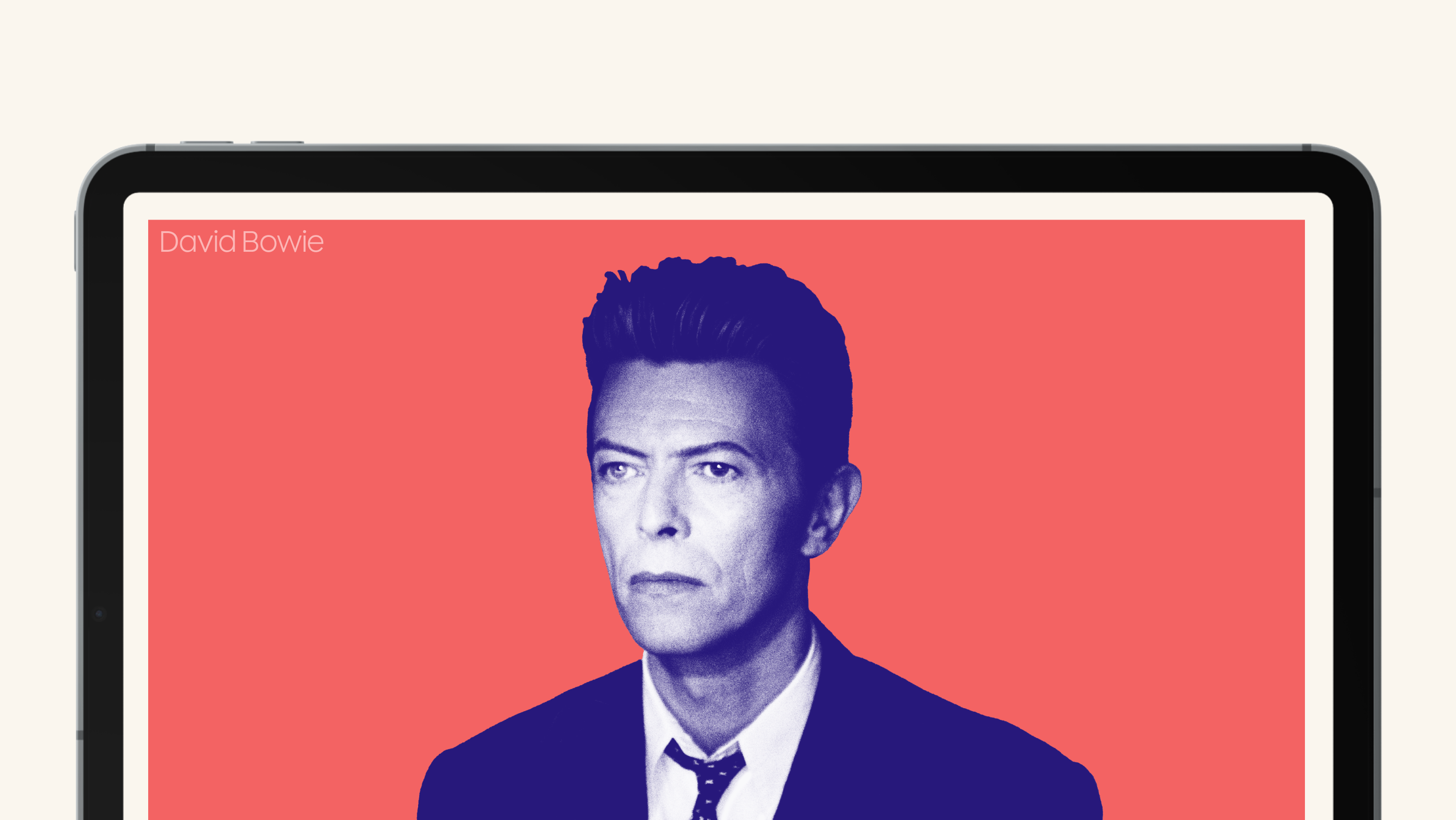 A tablet screen displaying a stylized blue and white portrait of a man in a suit and tie against a coral background, with the name "David Bowie" in the top left corner.