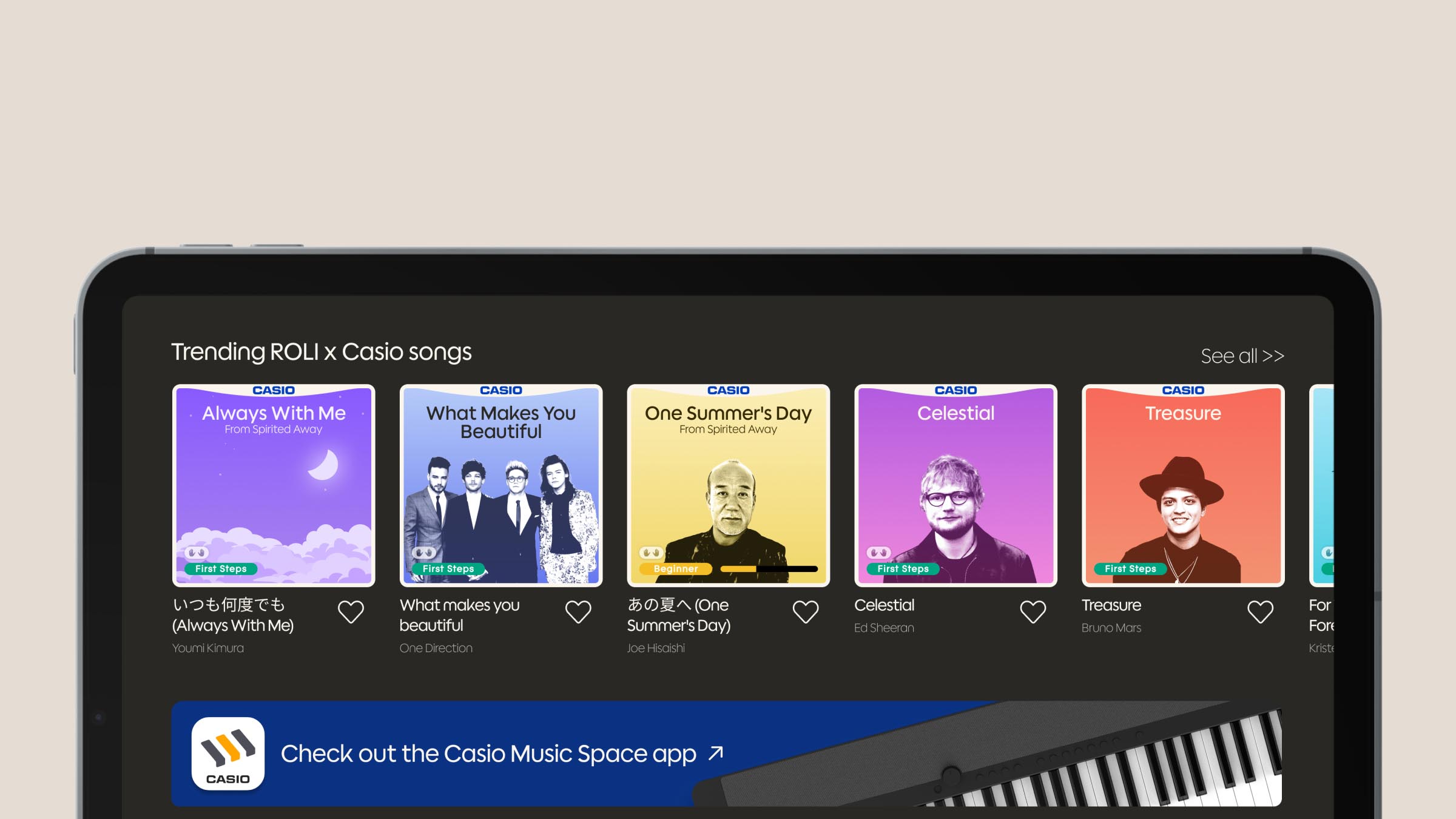 A close-up of a tablet screen displaying the "Trending ROLI x Casio songs" section, featuring colorful song cards with artist images and titles, including "Always With Me," "What Makes You Beautiful," "One Summer's Day," "Celestial," and "Treasure."