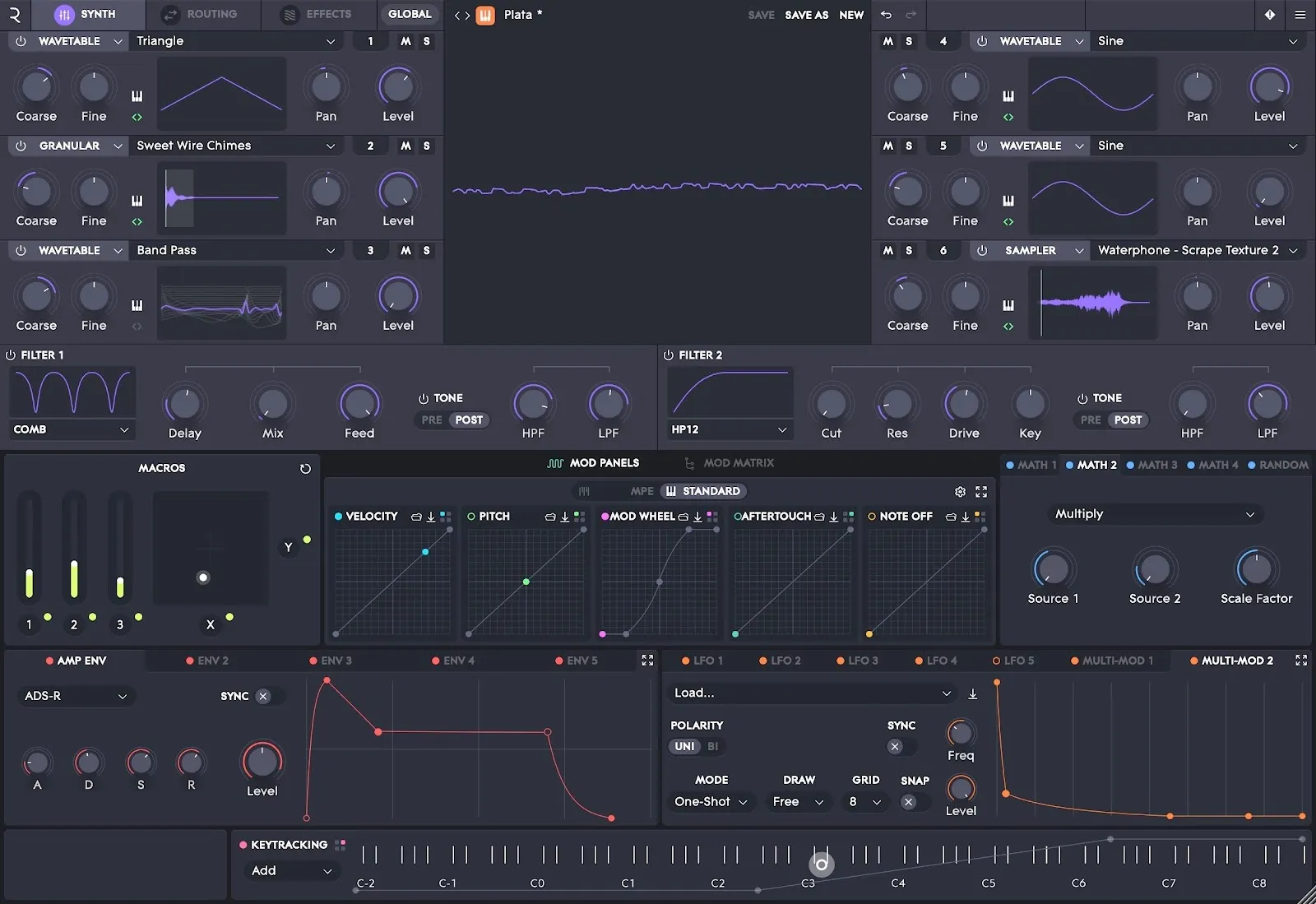 A screenshot of the ROLI Studio software interface displaying various synthesizer controls, including oscillators, filters, modulation panels, and envelope settings, with purple and blue graphical elements on a dark background.