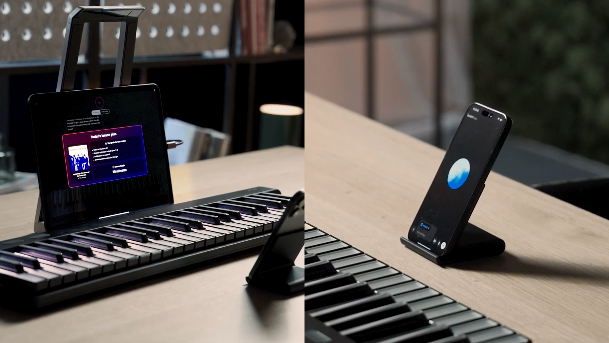 A ROLI Piano keyboard on a wooden desk, with a tablet displaying a lesson plan on the left and a smartphone on a stand showing a circular blue graphic on the right, both in a modern home or studio setting.