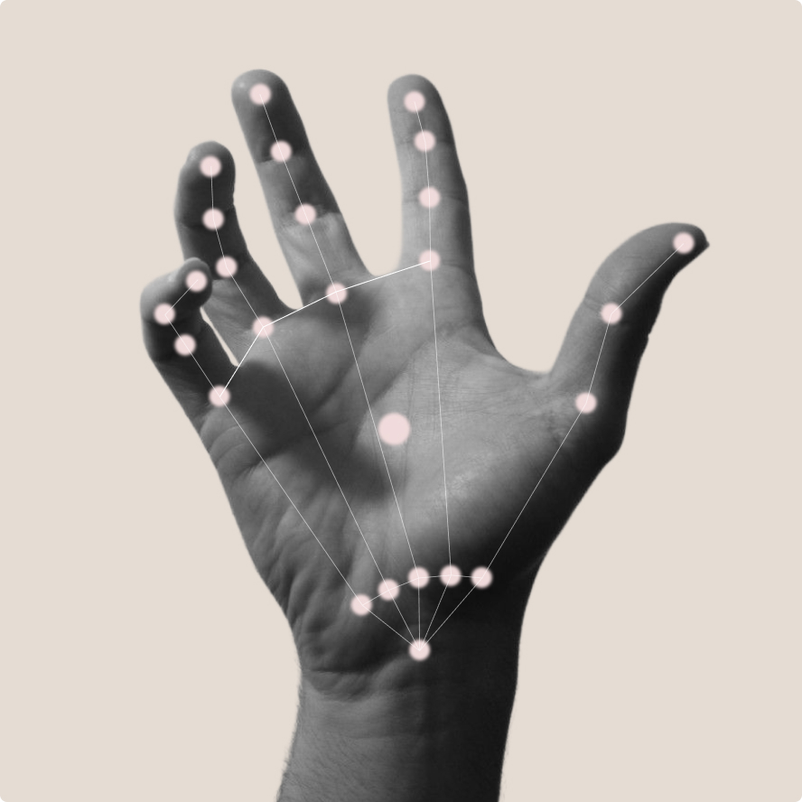 An open hand with glowing points and connecting lines mapped across the fingers and palm, illustrating hand tracking or gesture recognition on a neutral background.