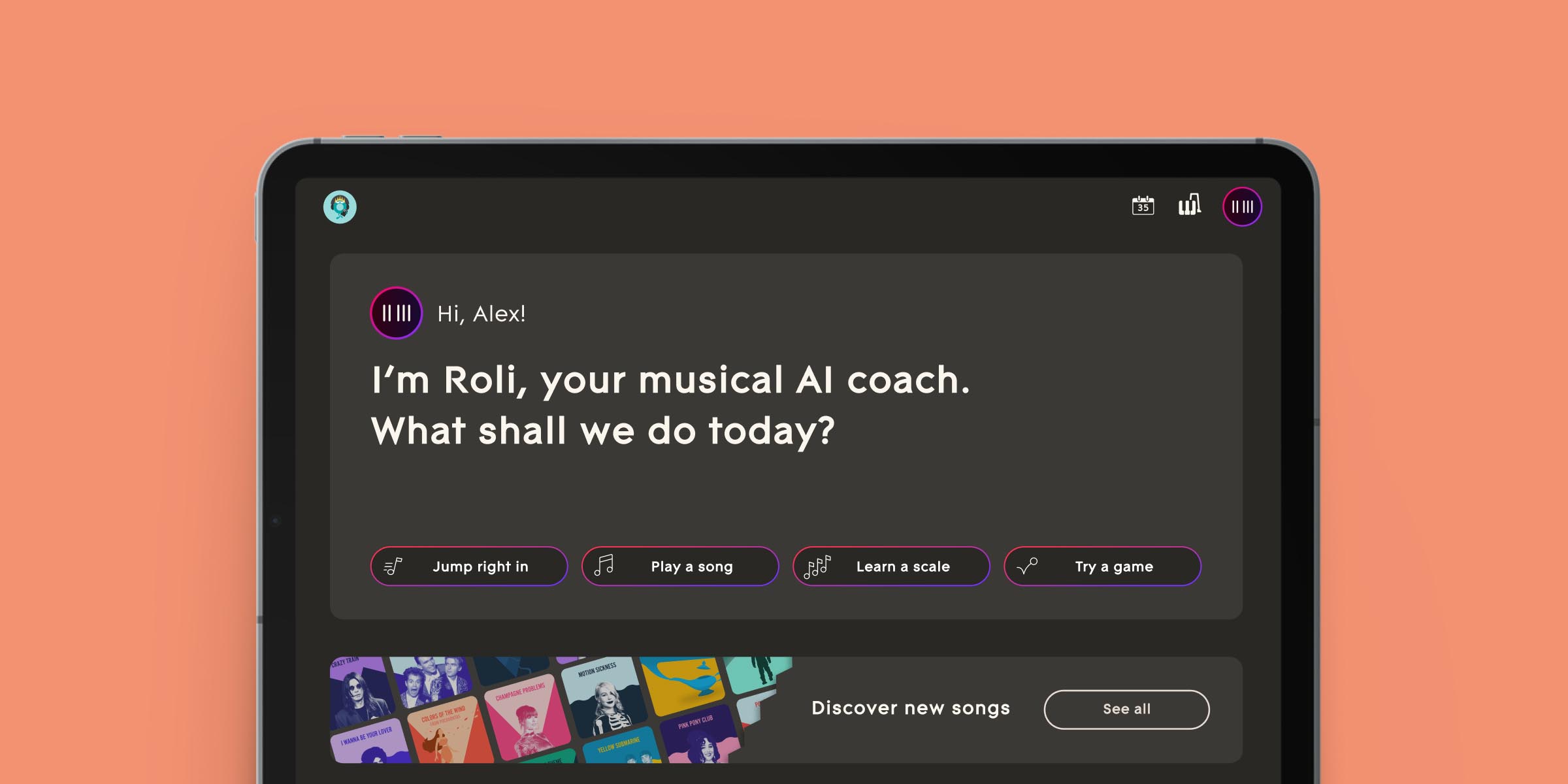 A tablet screen displaying the ROLI Learn app with a welcome message from ROLI, the musical AI coach, and options to play a song, learn a scale, try a game, or discover new songs.