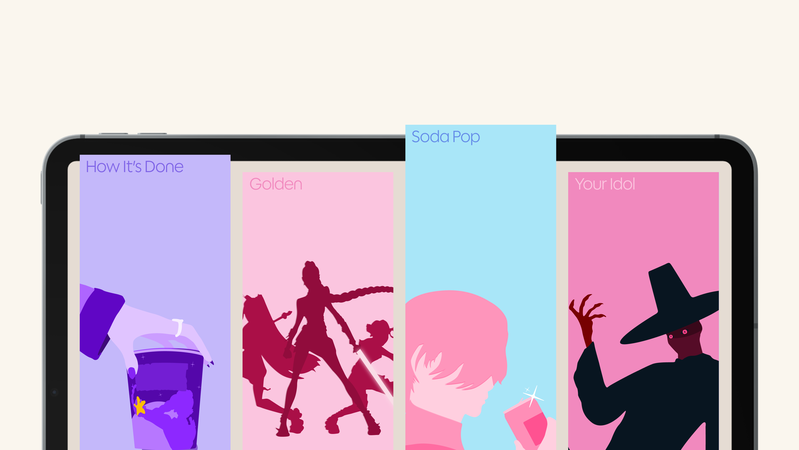 A close-up of a tablet screen displaying four colorful, stylized panels with titles: "How It's Done" shows a hand holding a drink, "Golden" features three silhouetted figures in dynamic poses, "Soda Pop" depicts a person holding a sparkling drink, and "Your Idol" shows a figure in a wide-brimmed hat with an outstretched hand.