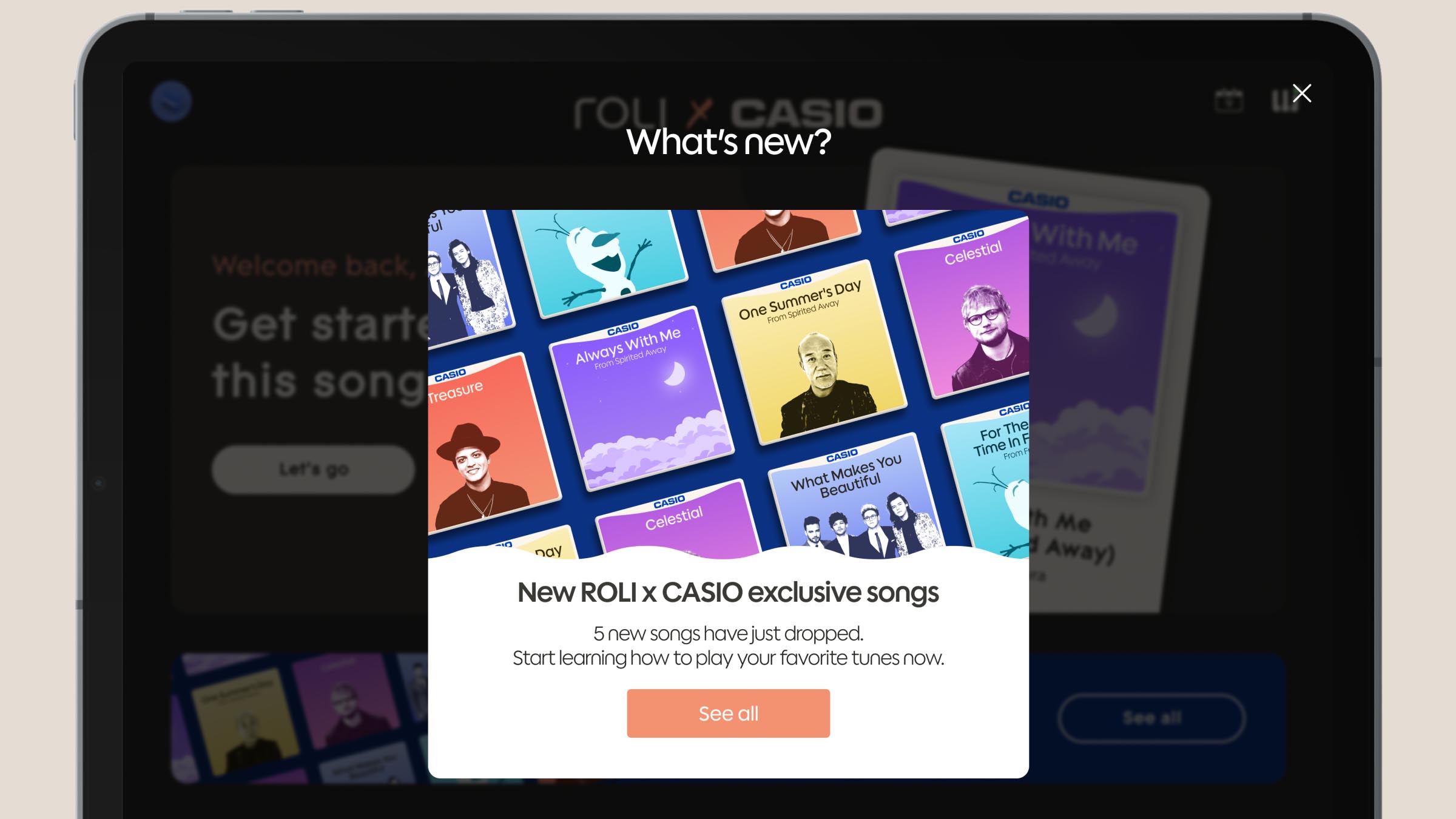 A tablet screen displaying a pop-up announcement for new ROLI x CASIO exclusive songs, featuring colorful song cards with artist images and titles, and a button labeled "See all."