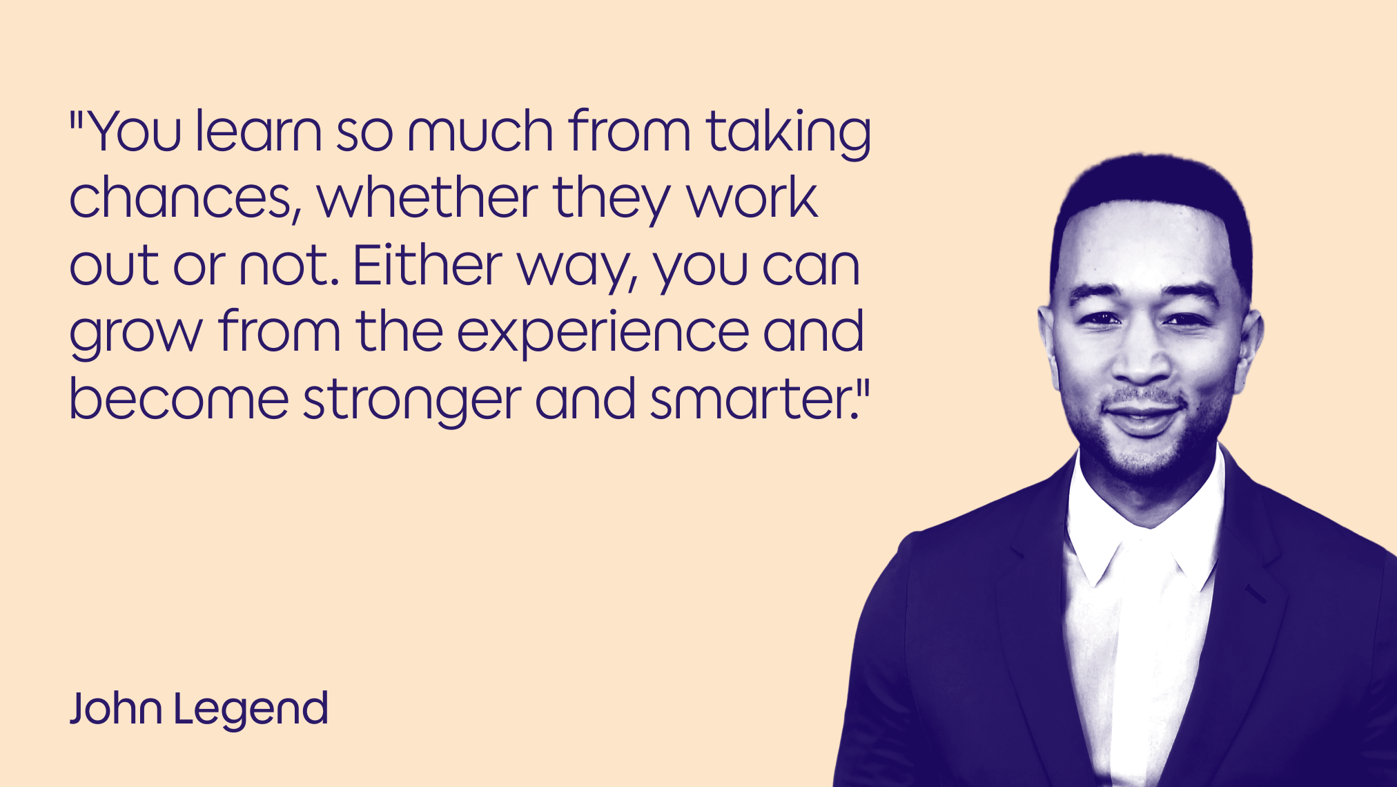 A man in a suit and tie is shown smiling on the right side of the image, with a motivational quote about learning from taking chances displayed in large text on a beige background.