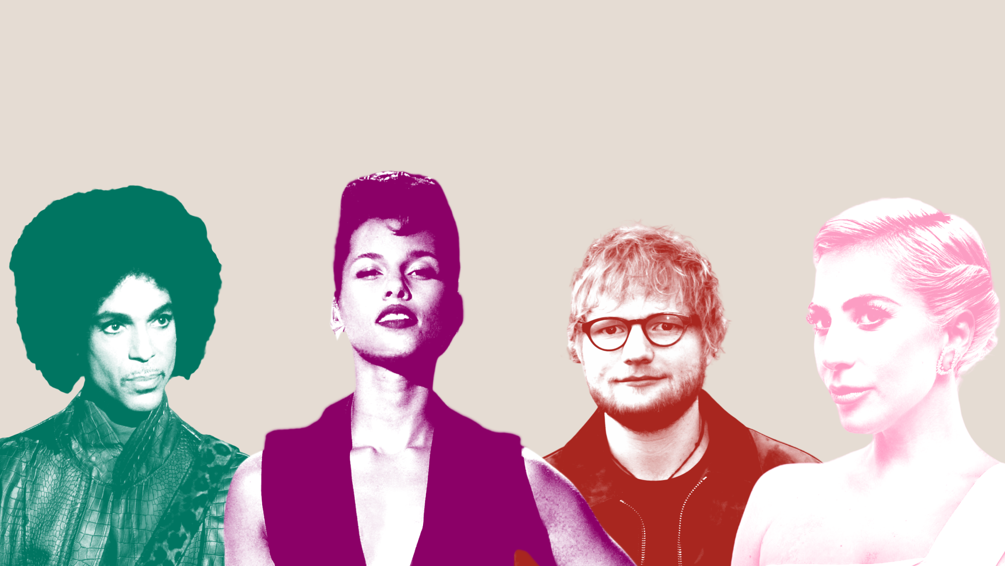 Four stylized, color-tinted portraits of musicians are arranged side by side against a plain beige background.