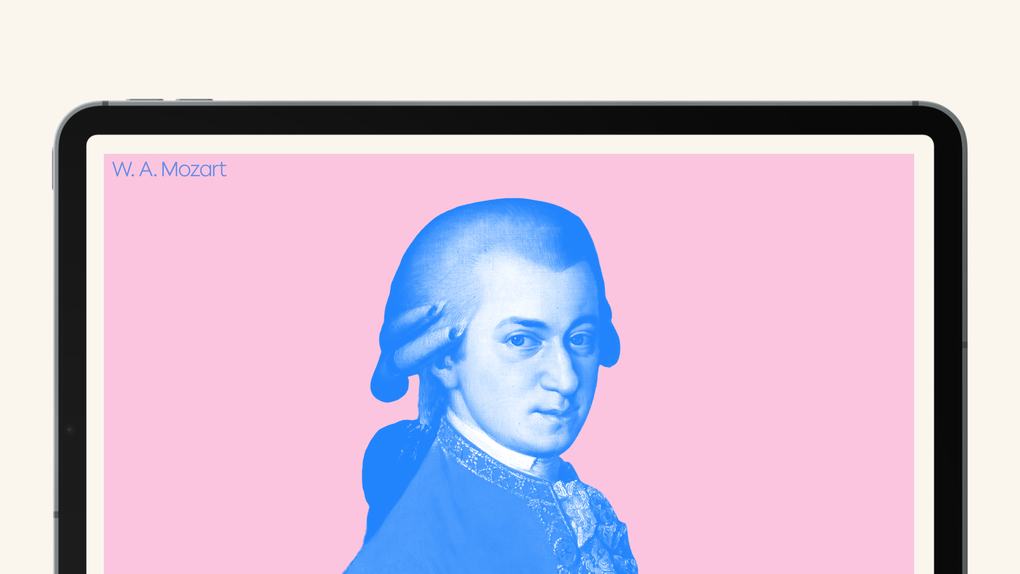 A tablet screen displaying a blue-tinted portrait of W. A. Mozart on a pink background, with his name written in the top left corner.