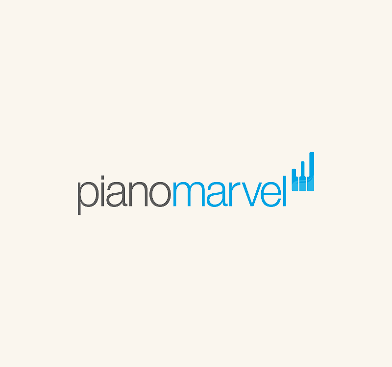 The Piano Marvel logo features the words "piano marvel" in lowercase letters, with "piano" in gray and "marvel" in blue, accompanied by a blue bar graph icon resembling piano keys on a light background.