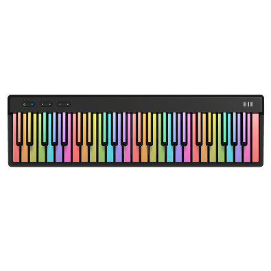 A ROLI Piano M keyboard with a black frame, featuring rainbow-colored illuminated keys arranged in a standard piano layout.