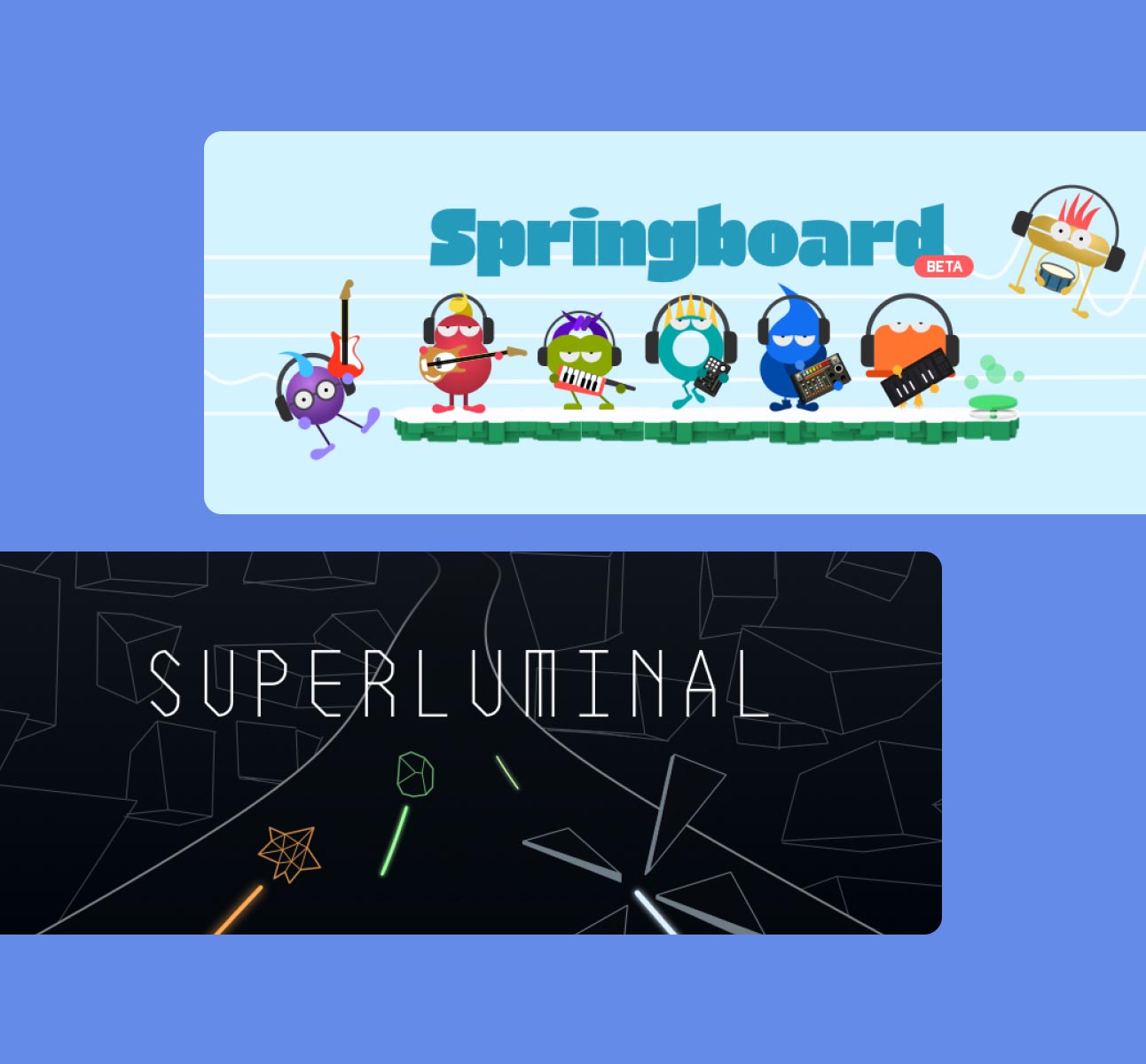 A colorful banner for "Springboard" featuring cartoon characters with headphones playing various musical instruments, and a separate dark-themed banner for "Superluminal" with geometric shapes and neon lines on a black background.