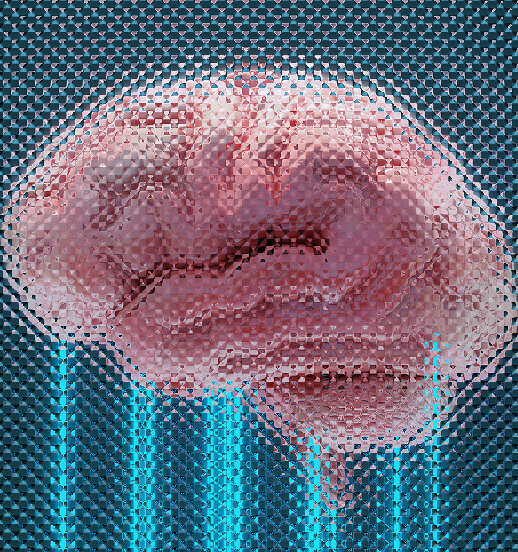 A digital illustration of a human brain viewed through a textured, grid-like filter, with vertical blue neon lines intersecting the lower part of the image, creating a futuristic and abstract effect.
