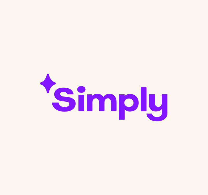 The word "Simply" in bold, rounded purple letters with a purple sparkle icon to the left, centered on a light beige background.