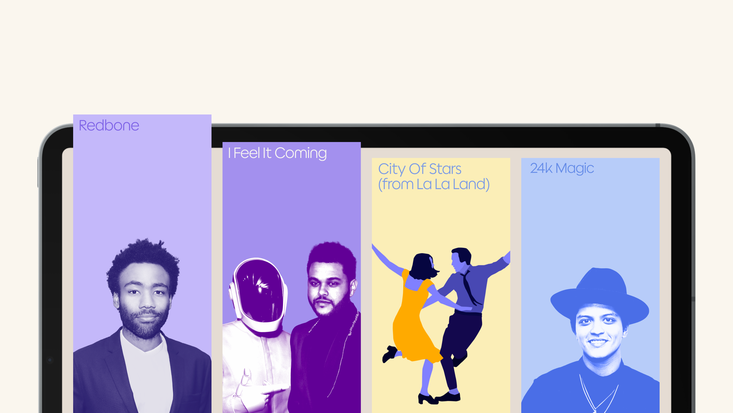 A close-up of a tablet screen displaying four colorful panels with stylized portraits and titles of popular songs: "Redbone," "I Feel It Coming," "City Of Stars (from La La Land)," and "24k Magic."