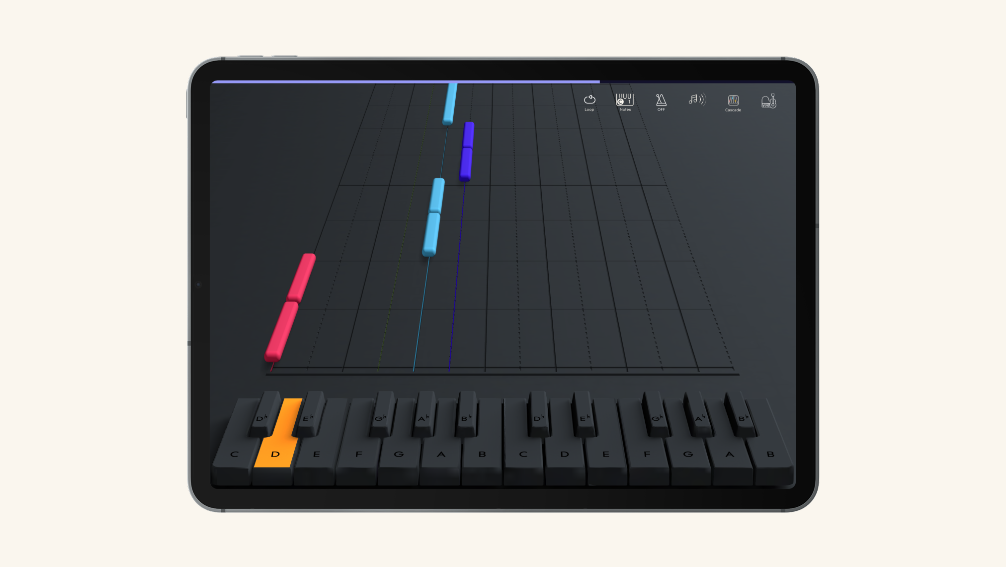 A tablet displaying the ROLI Piano app, featuring a virtual keyboard with the D key highlighted in orange and a music learning interface with colored note bars above the keys.