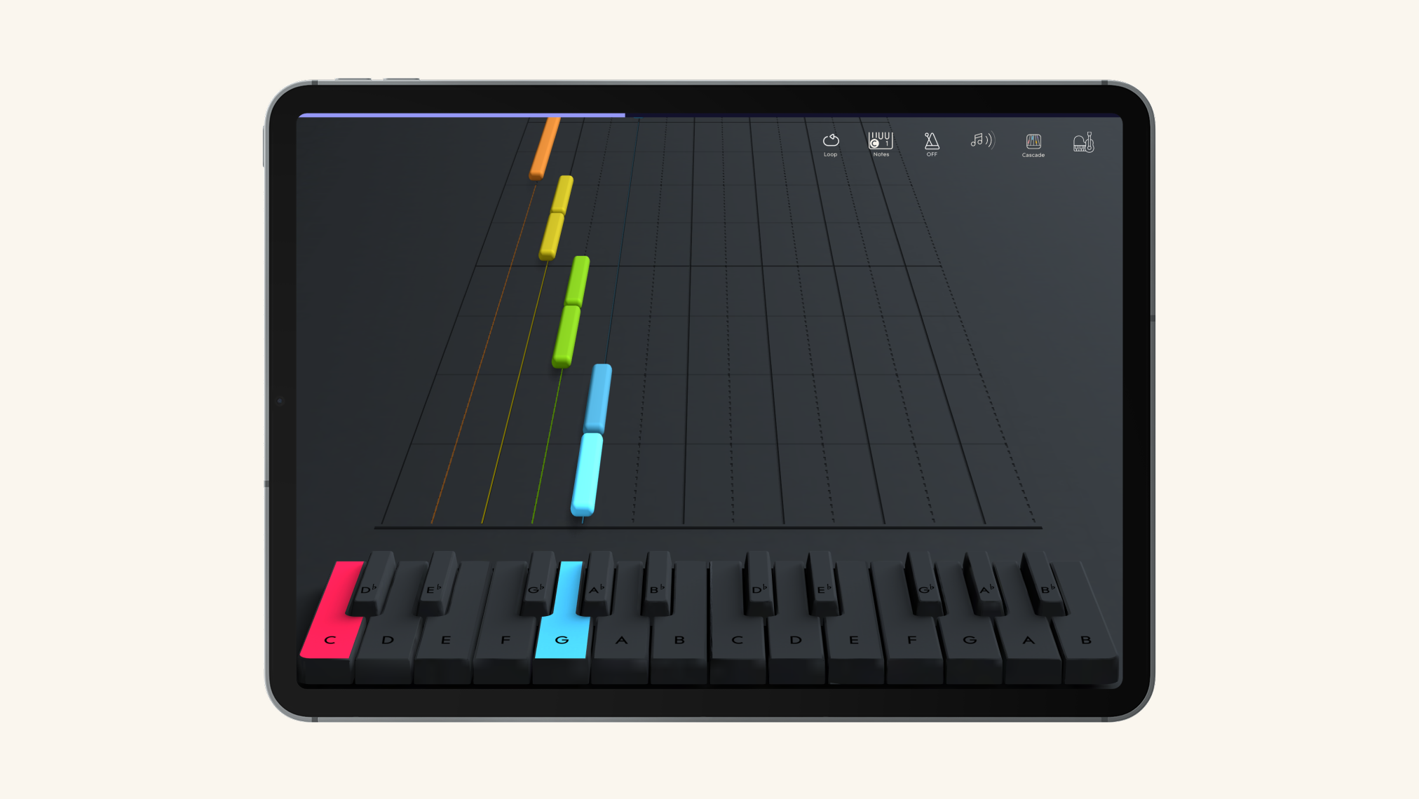 A tablet displaying the ROLI Piano app, showing a virtual keyboard with colored notes and a visual note cascade on a dark interface.