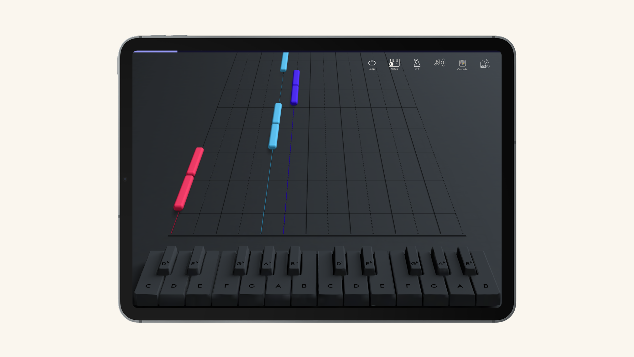 A tablet displaying the ROLI Piano app, featuring a virtual black keyboard with labeled keys and a colorful note visualizer above it.