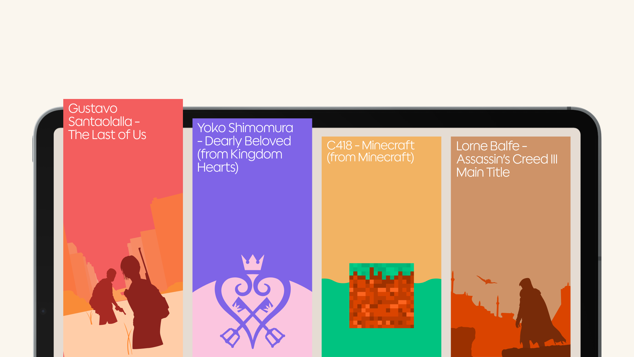 A close-up of a tablet screen displaying four colorful panels, each featuring the title and composer of a video game soundtrack, with stylized illustrations representing "The Last of Us," "Kingdom Hearts," "Minecraft," and "Assassin’s Creed III."