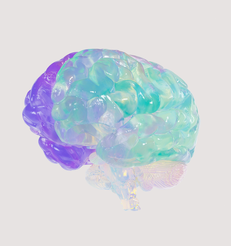 A translucent, iridescent 3D model of a human brain with swirling blue, green, and purple hues, displayed against a plain white background.